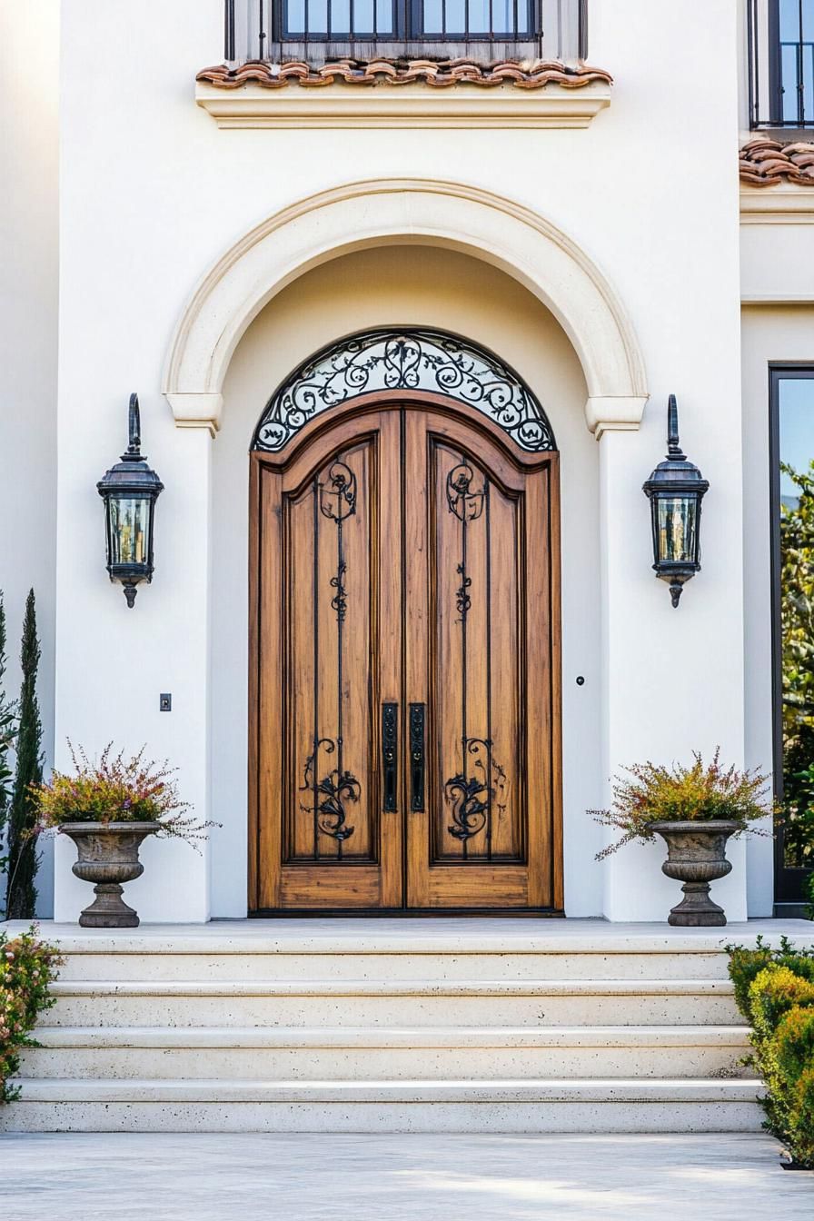 modern mediterranean revival architecture home carved wood front door with wrought iron detail 3