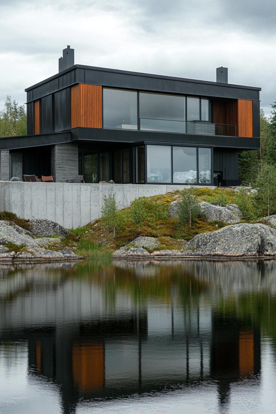 modern steel and concrete house facade on a hill over a lake Scandinavian mountain area 3
