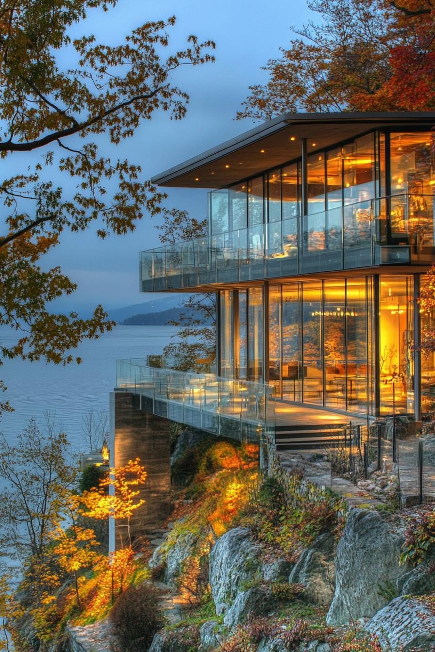 lakeside hill house with glass facade and large wraparound balconies with stunning lake views 2