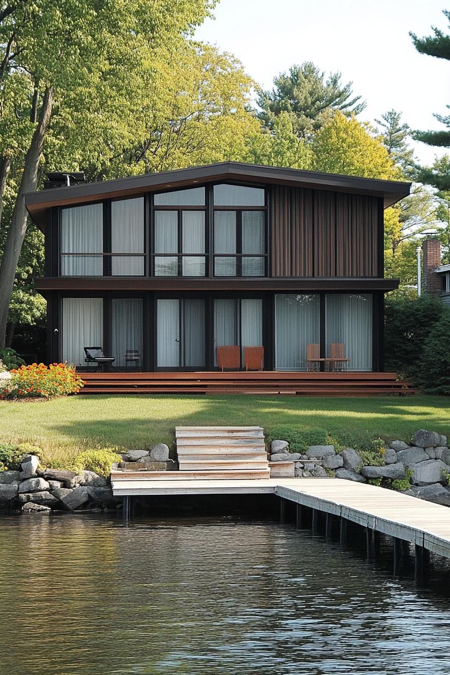 70s midcentury house facade with vertical and horizontal siding lakeside yard with dock 3