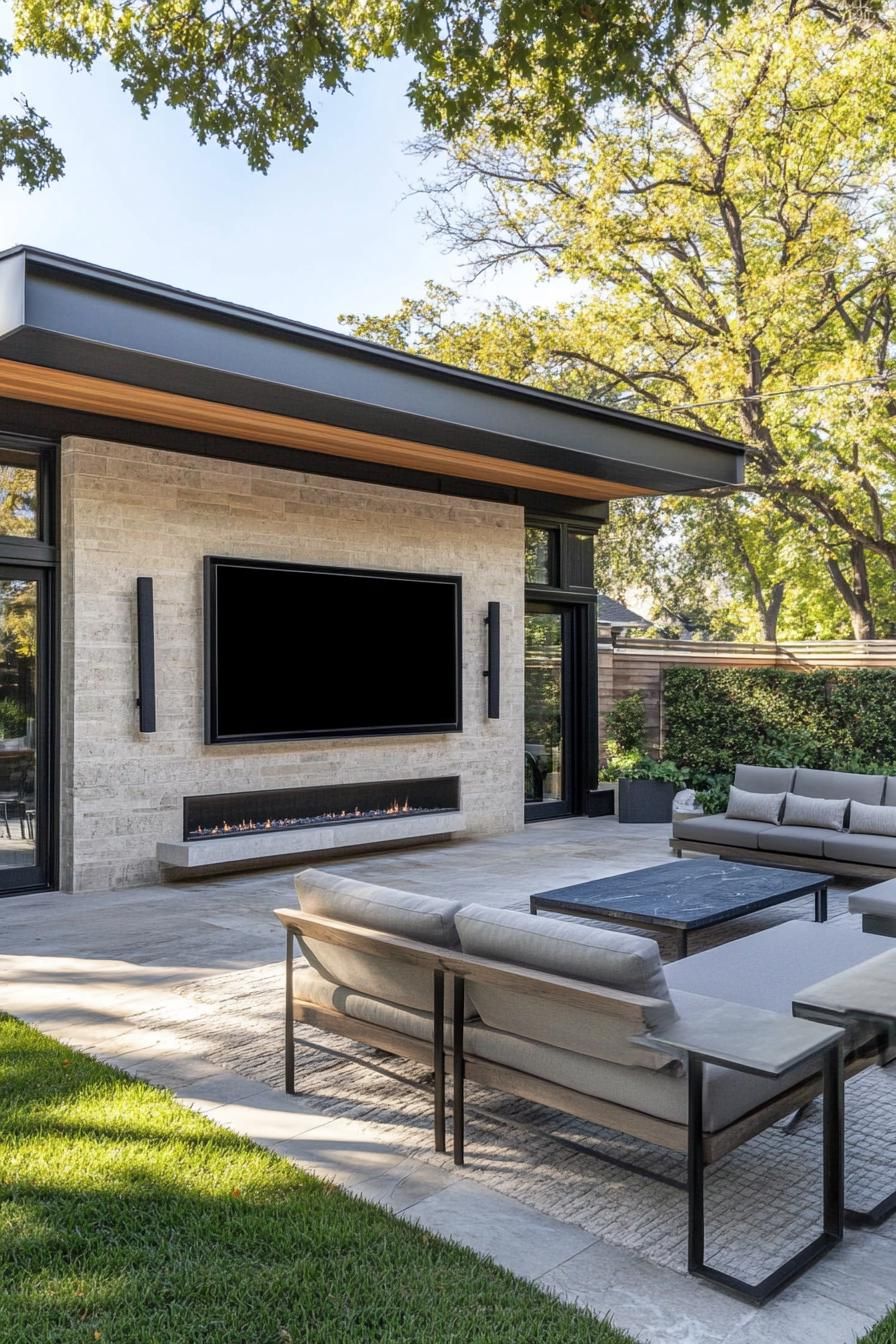 modern house yard seating area with large TV 2