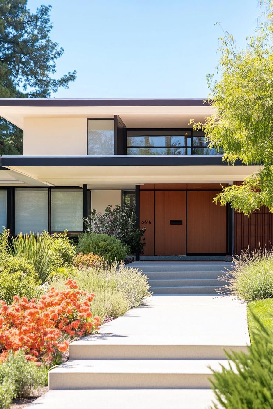 80s house symmetrical facade modern makover extrior walls pated in pastel paint traditional front yard 3
