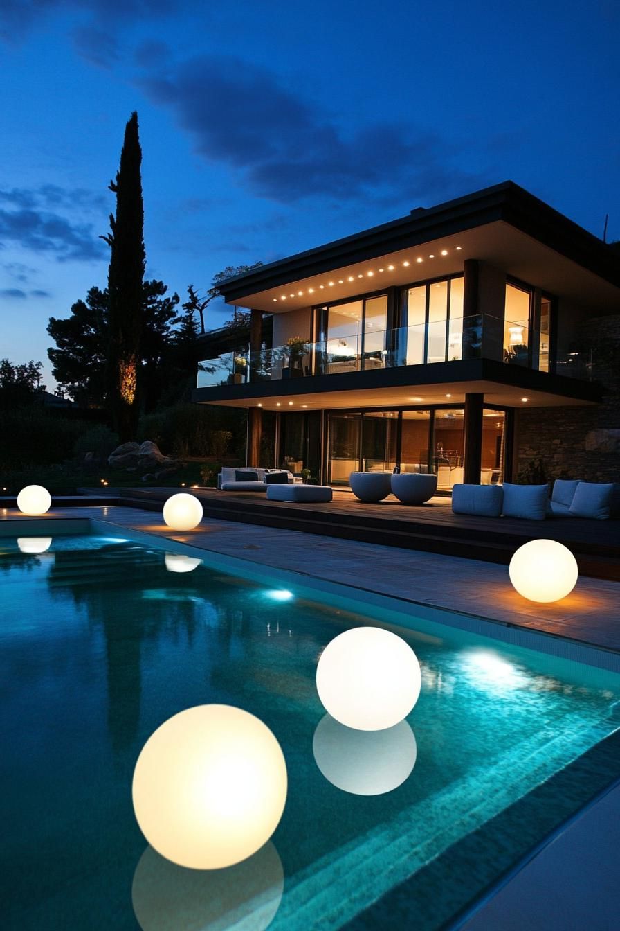 modern house backyard pool with floating light spheres 2