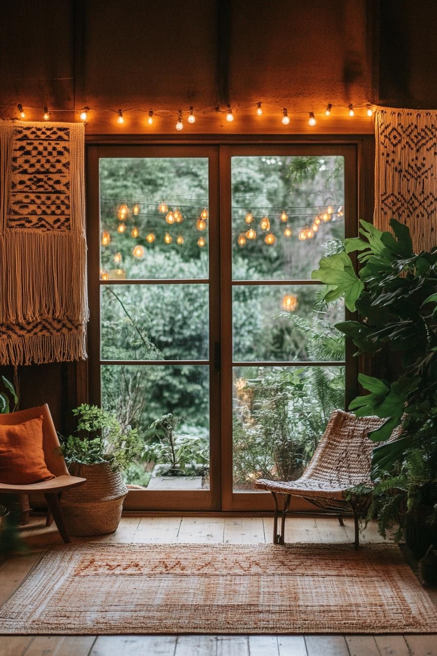 mid century modern house interior with woven boho wall hangings and large windows overlooking a lush backyard garden with string lights