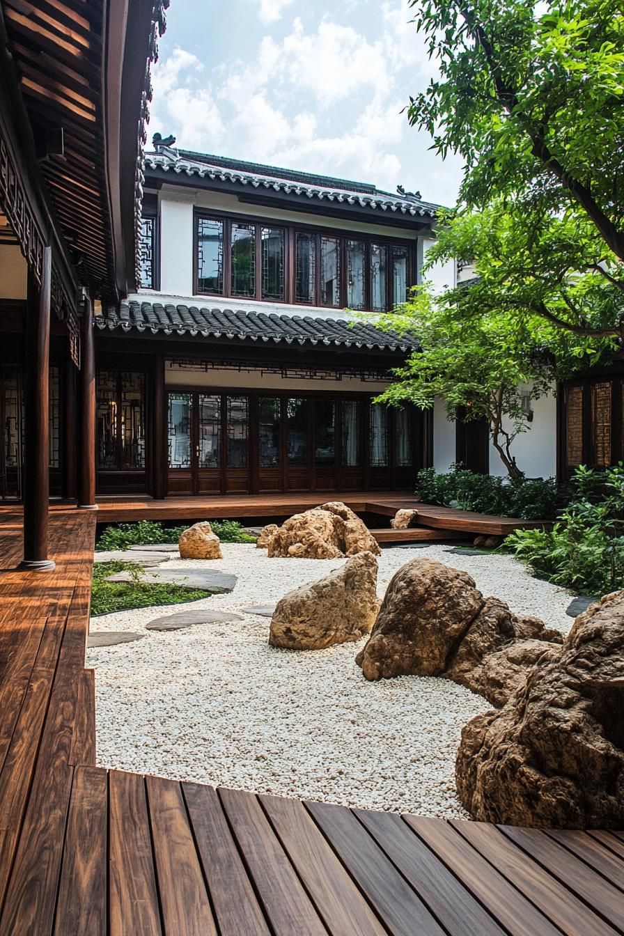 chinese inner courtyard with garden walls wooden deck rocks chinese detailing modern office building visible over the roof from the courtyard