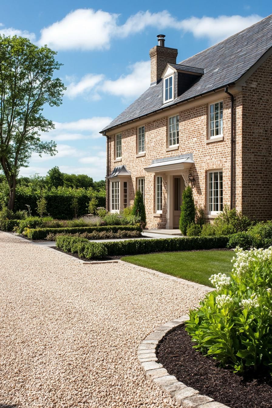 traditional natural brick house with gravel driveway and landscape with shrubs 3