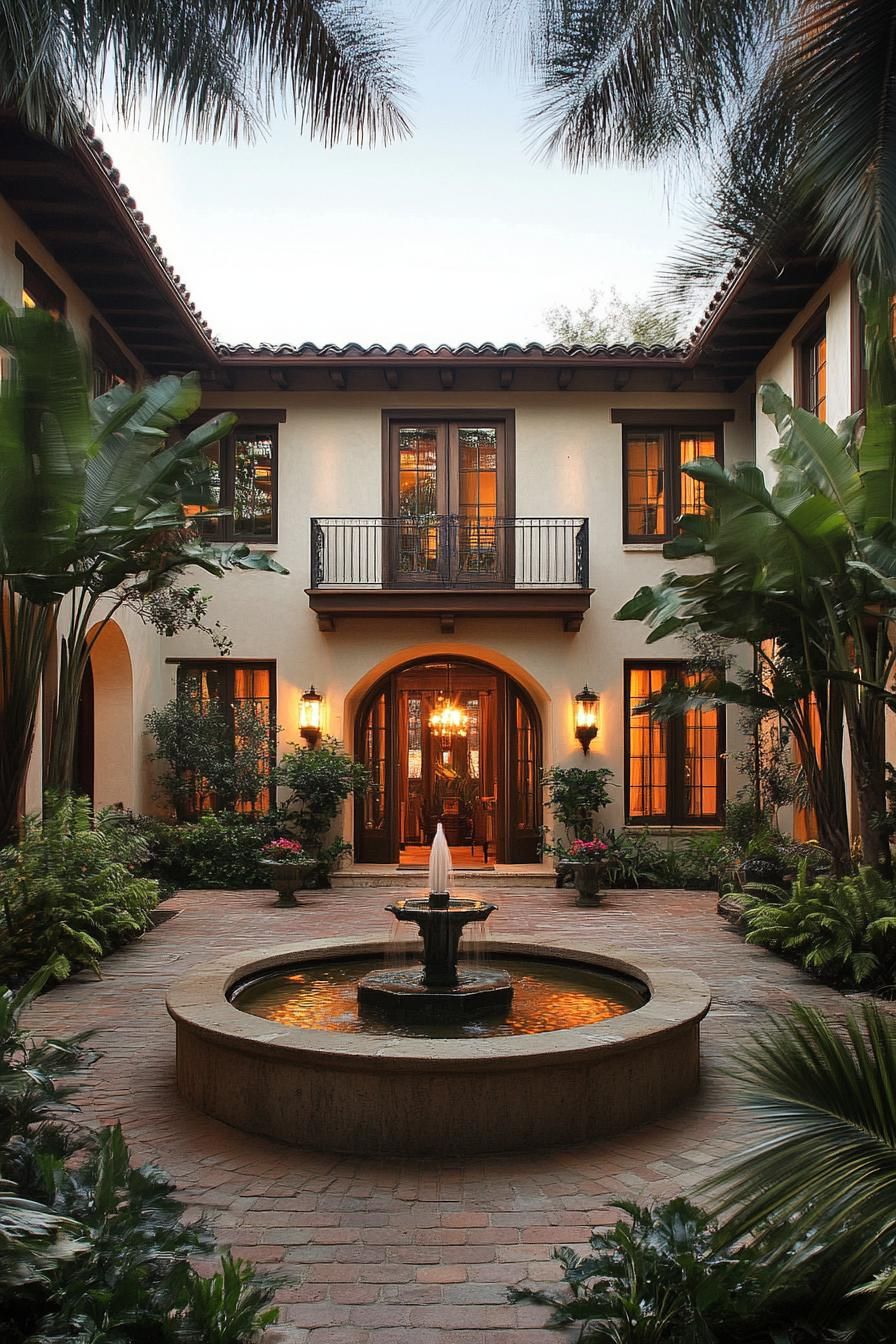 mediterranean revival architecture home central courtyard with a fountain 2