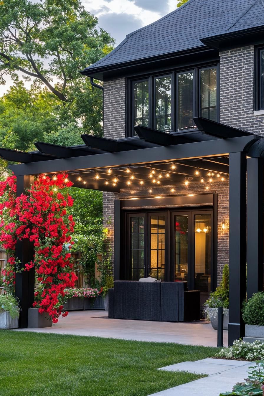 modern black house front porch with black pergola red climber flowers and string lights 2