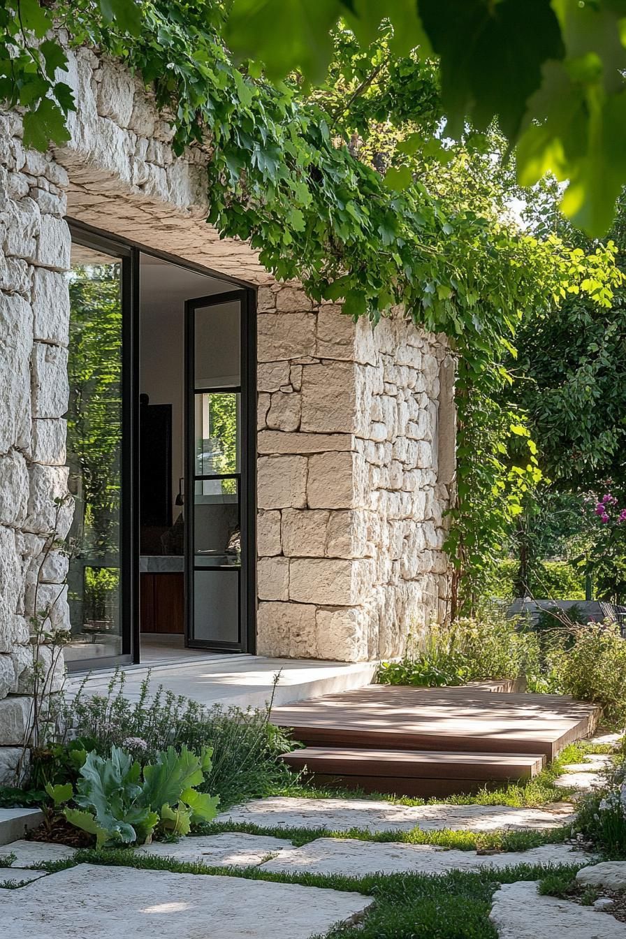 modern French house stone cladding with lush garden walls