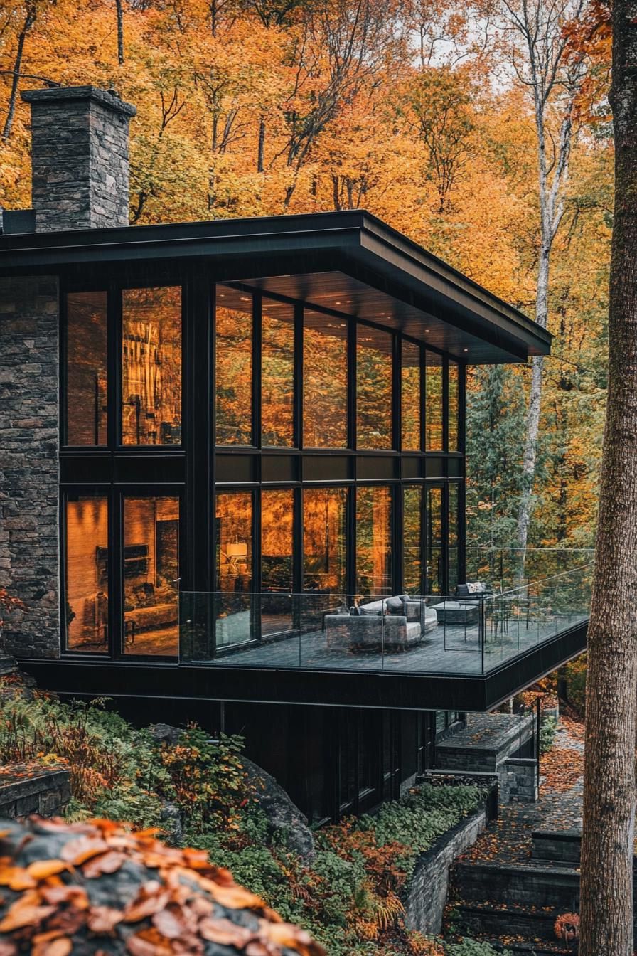 modern mountain eco lodge house with glass clad facade lush autumn foliage forest views 2