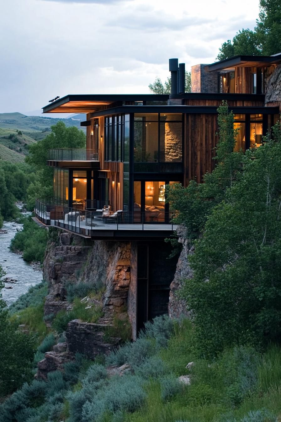 earth sheltered modern house facade built into hillside with reclaimed wood and metal accents overlooking a river down the hill 3