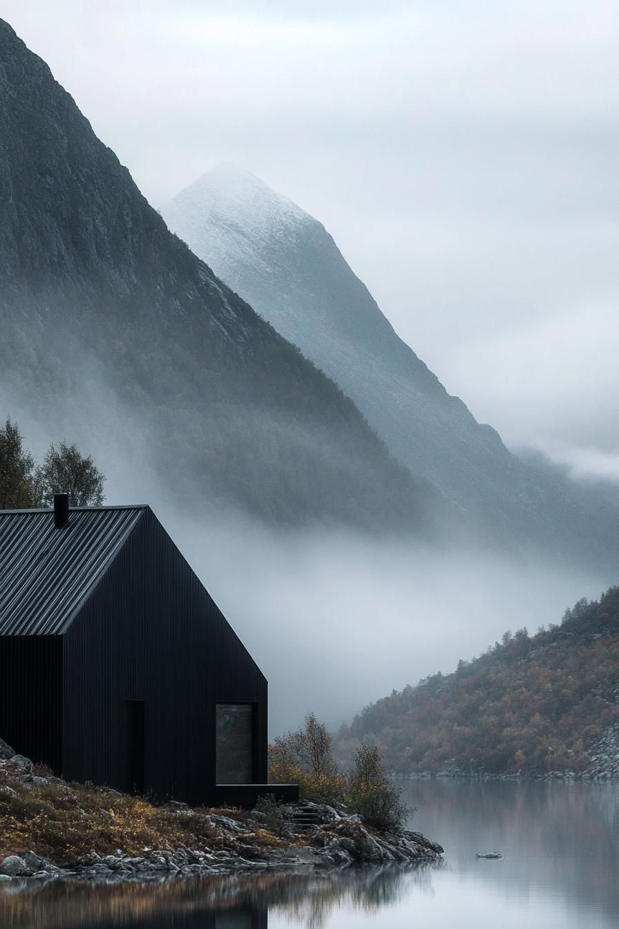 modern mountain cabin with matte black steel facade in stunning misty Scandinavian mountains 2