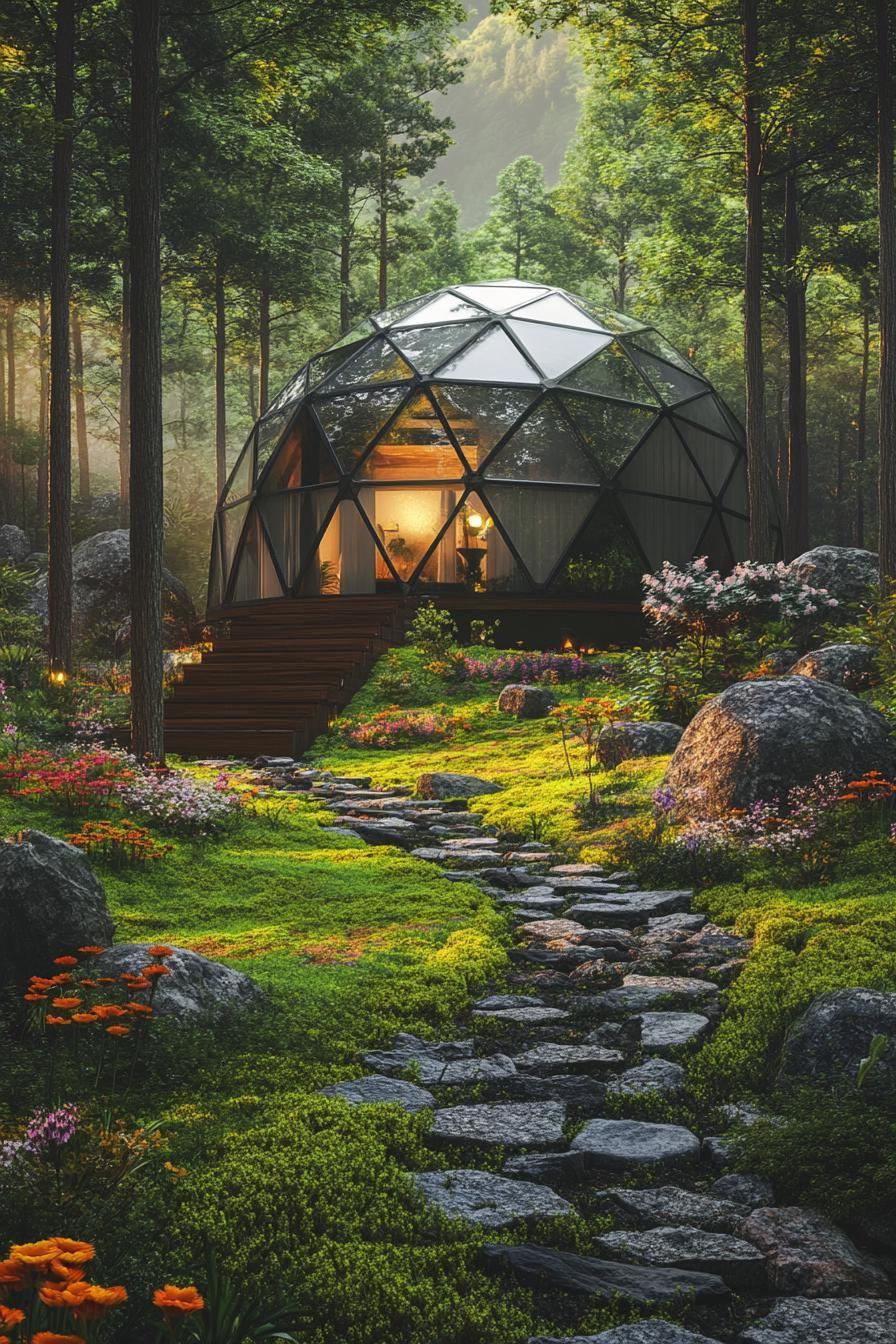 modern geodesic dome house in a mountain forest glade with mossy stone path and flower garden 2