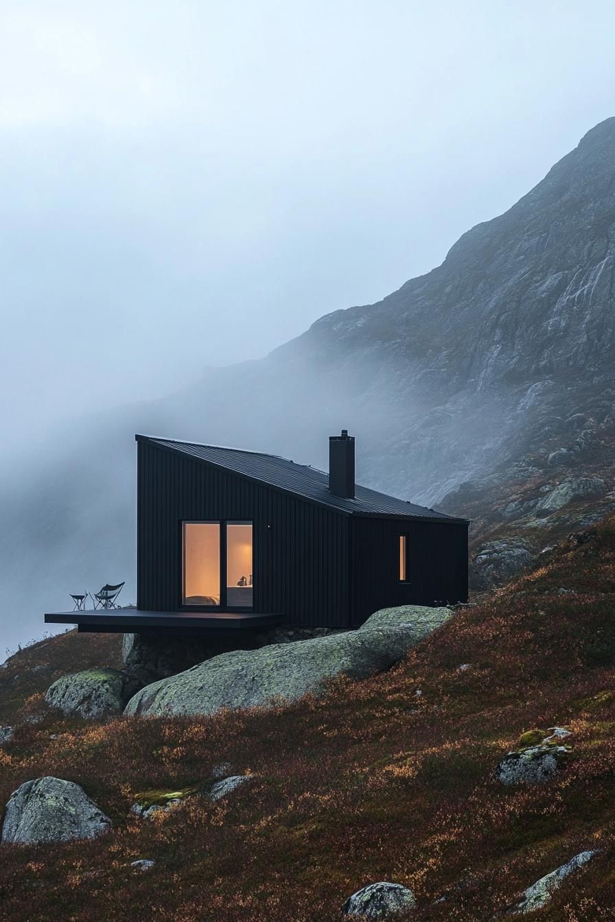modern mountain cabin with matte black steel facade in stunning misty Scandinavian mountains