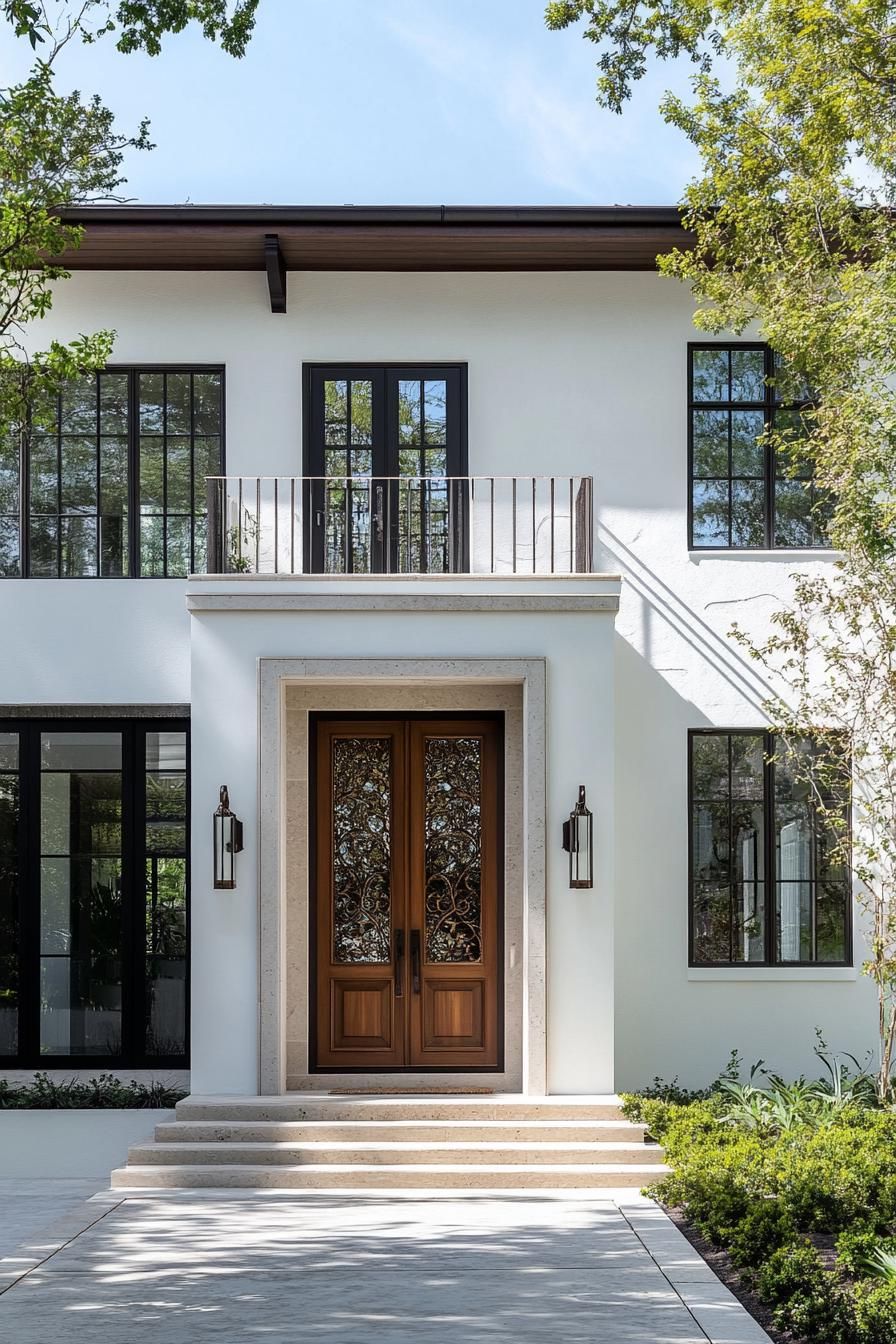 mid century modern and antique style house pastel color facade with antique embellished front door 2