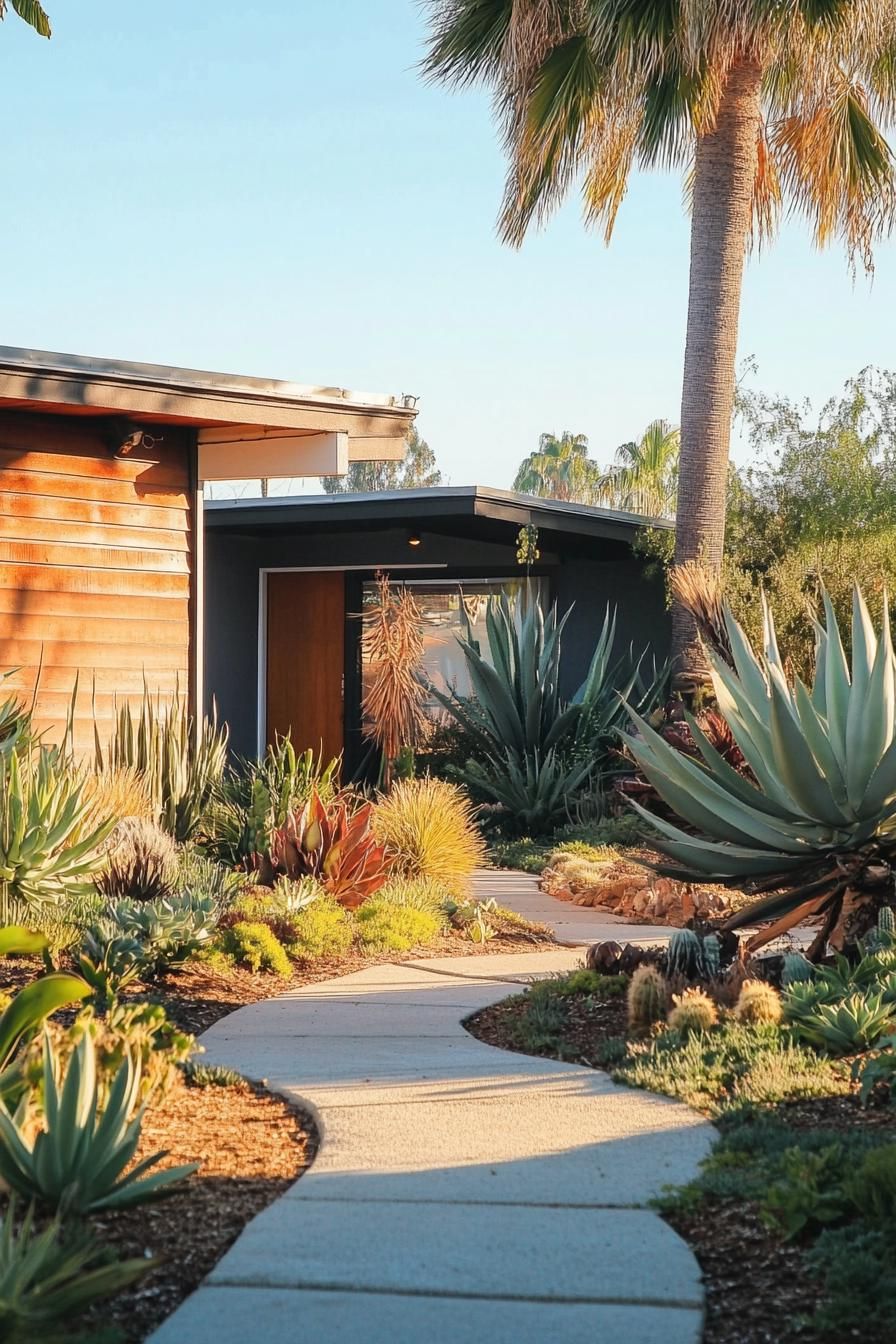 70s midcentury house facade yard with retro landscape with succulents 3