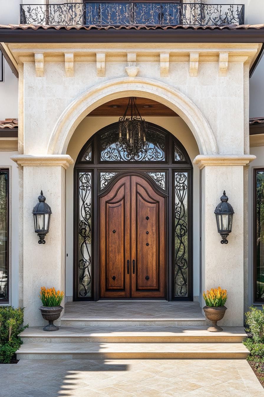 modern Italian mediterranean house modern facade with large ornate wooden front door 2