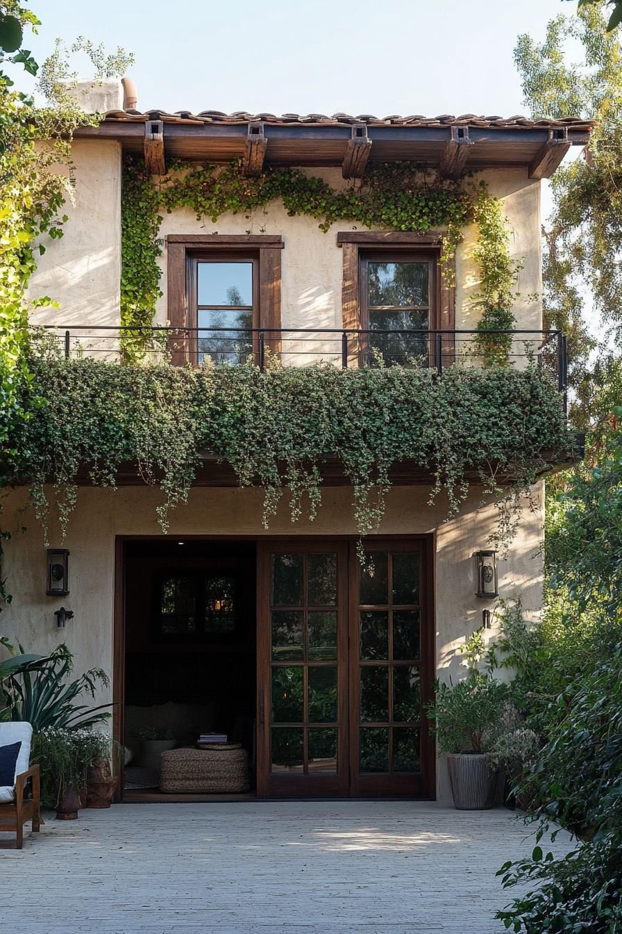 modern bohemian house facade with rustic cladding and climbing vines 2