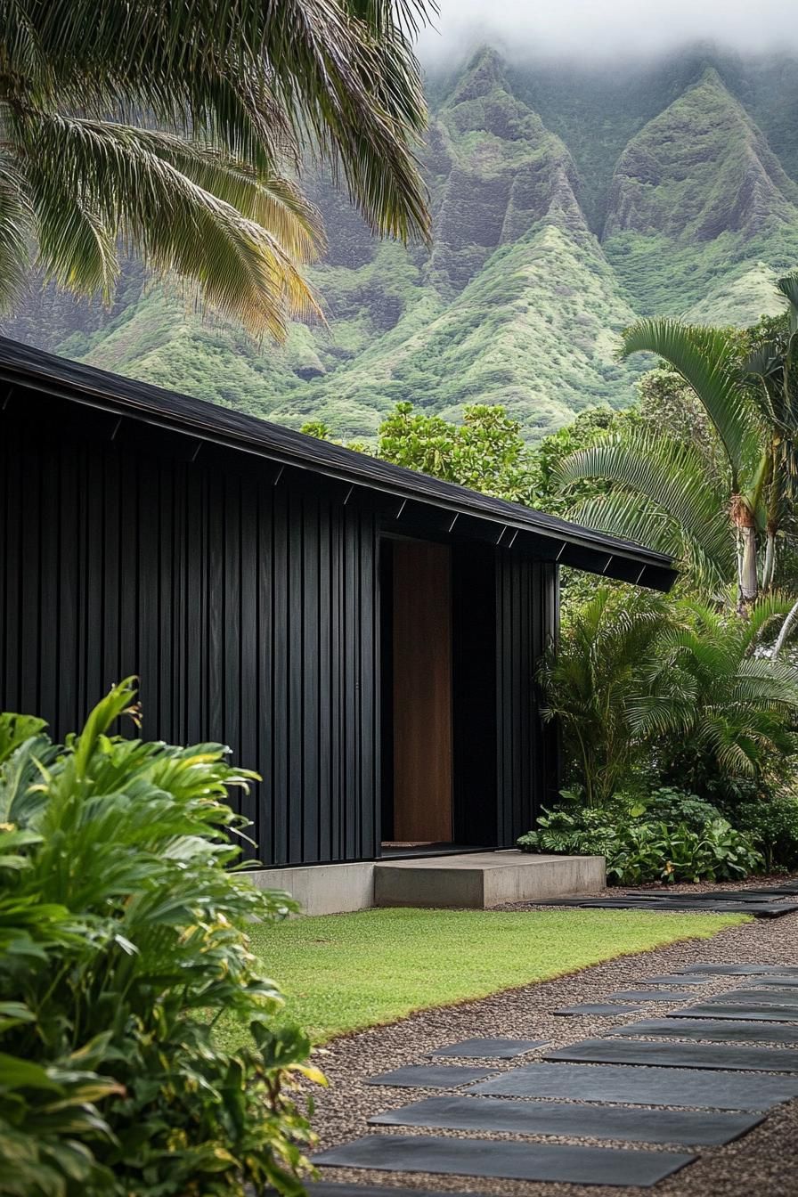 mid century modern black house facade with blackened steel exterior panels tropical mountain in distance 2