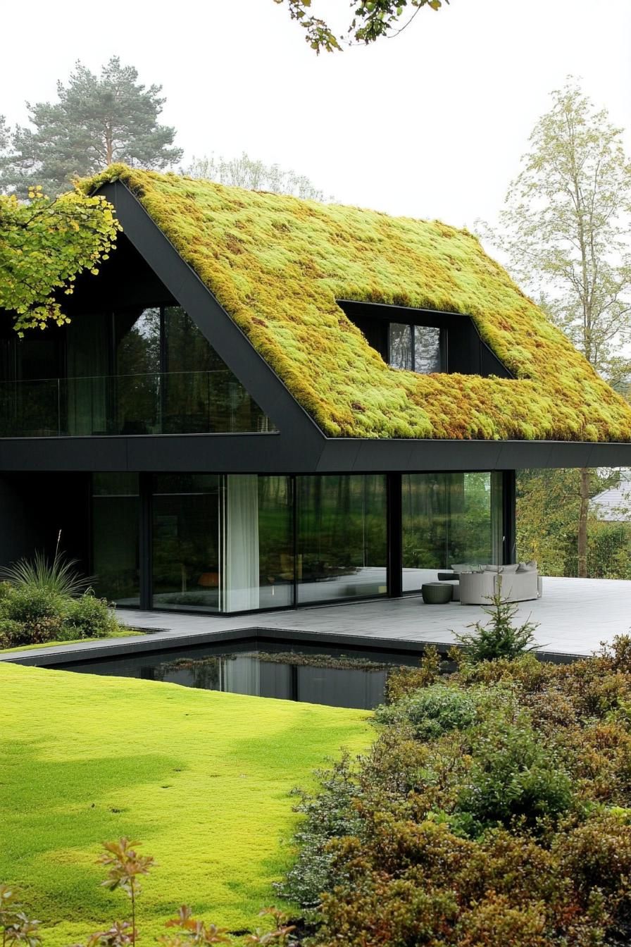 modern house with green color facade and moss covered eco roof 2