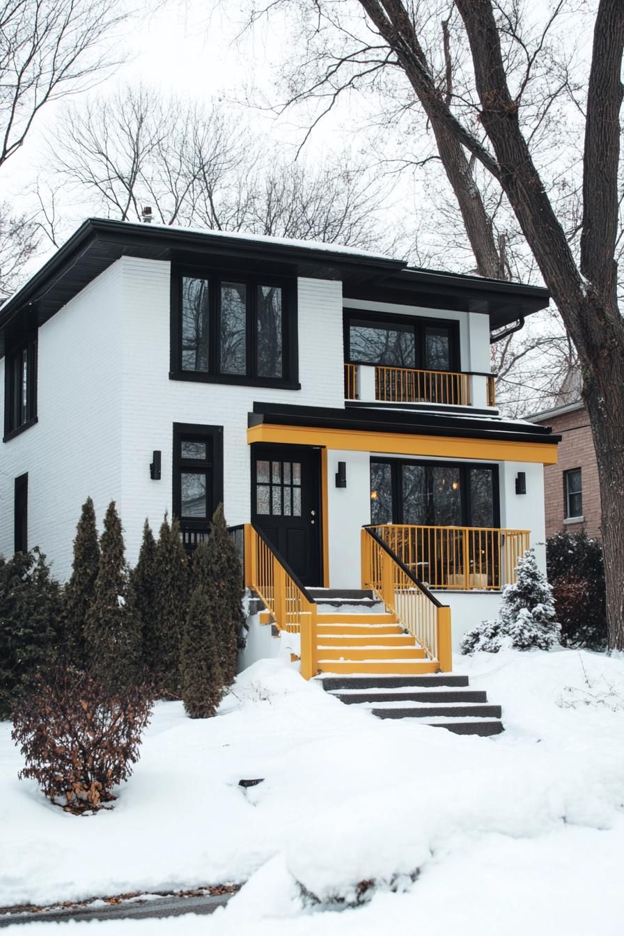 80s house exterior makeover facade white with black trim yellow balkony railings front yard with trees in suburbs winter 2