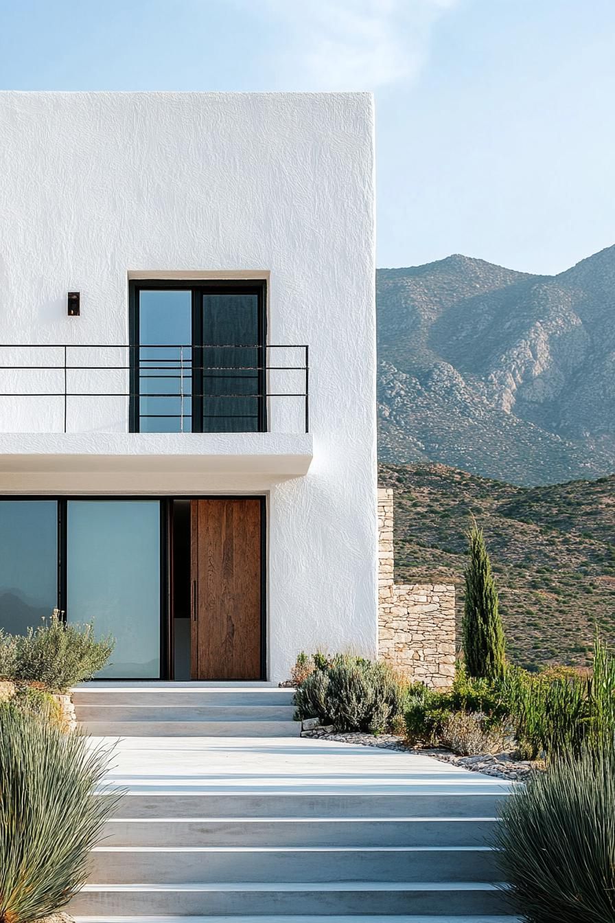 modern house facade combining modern and accents of cycladic architecture Greek mountains in the background 3