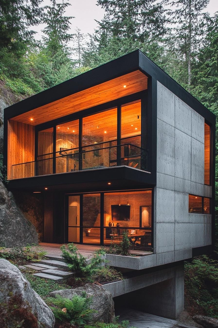 modern mountain house with black concrete facade and wooden frame stunning lush mountain forest views 3