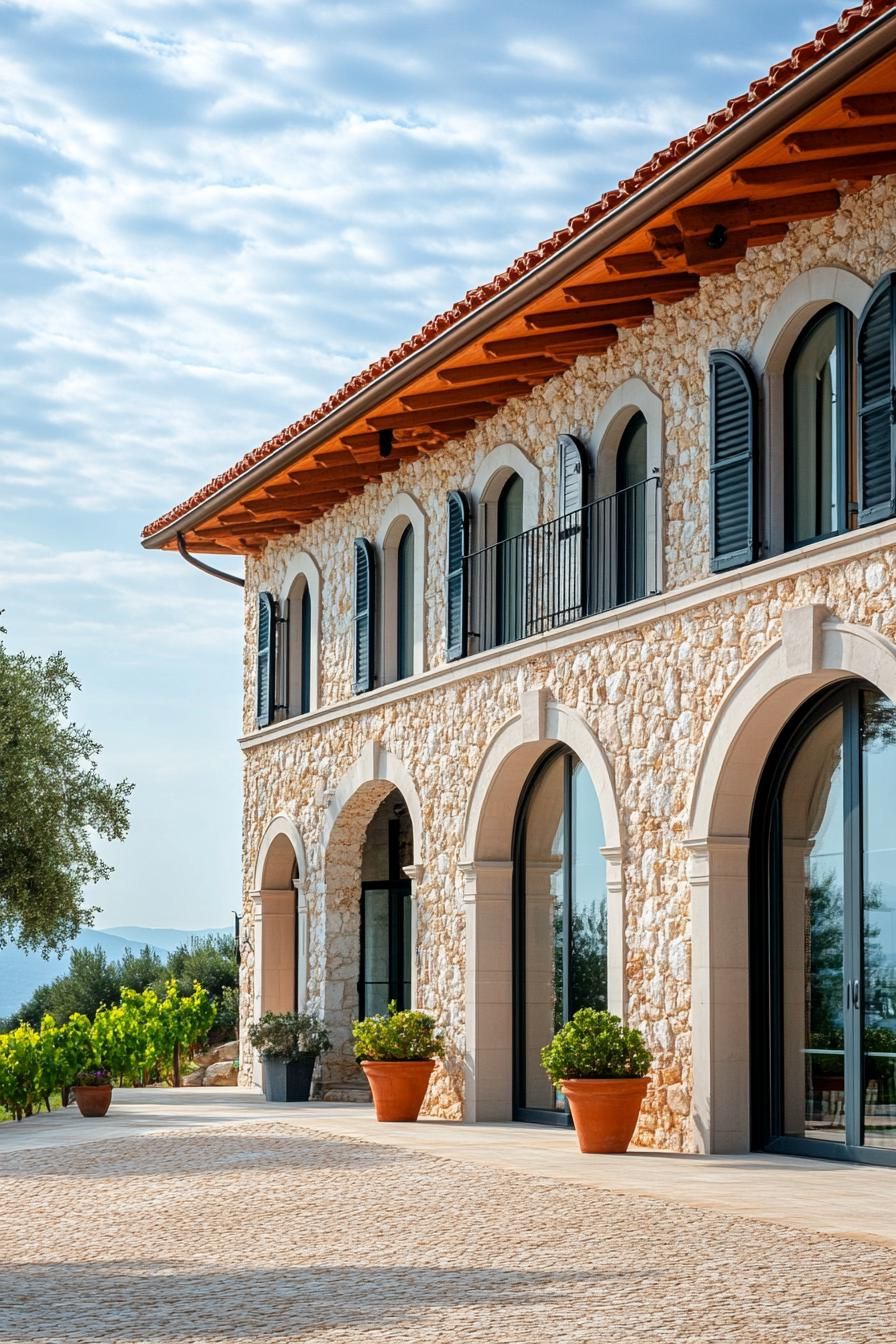 modern Italian mediterranean house facade with arched doors and windows Italina vineyard landscape 3