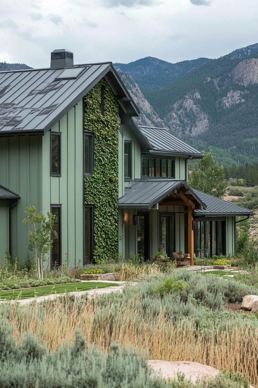 modern cottage style mountain house facade in pale green siding vertical garden front wall grey roof unkempt lawn Stunning mountains in the 2