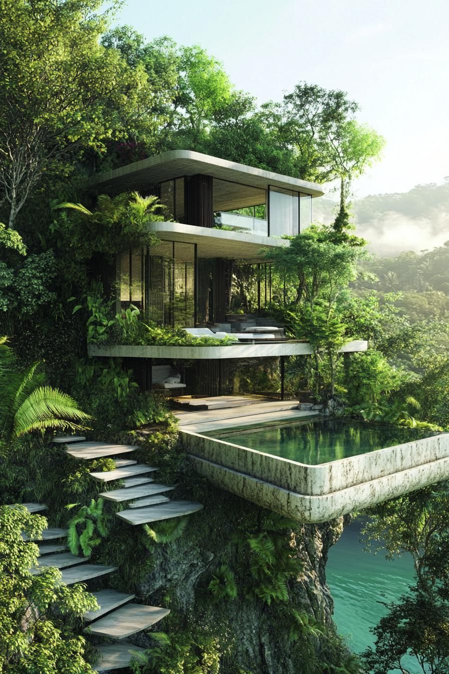 modern house on a hillside with terraces connected with floating stairs tropical island lake below 2