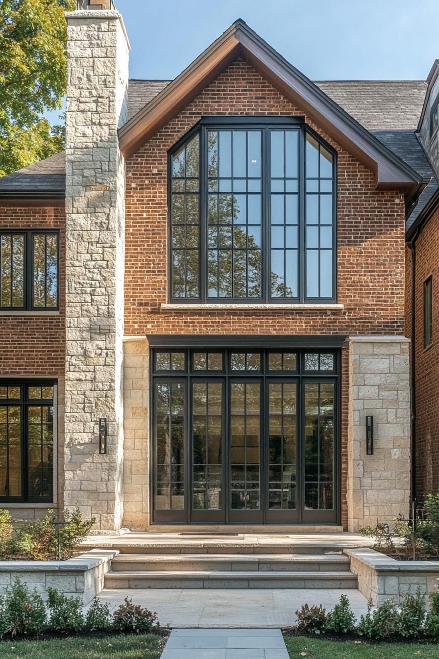 mid century modern and antique style house brick facade with antique stonework accents 3