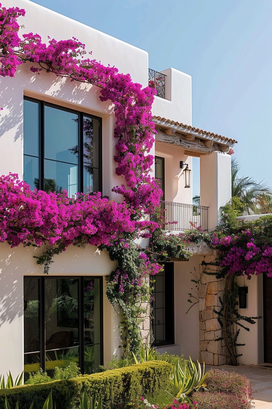 modern mediterranean house windows with boudainvillea vines