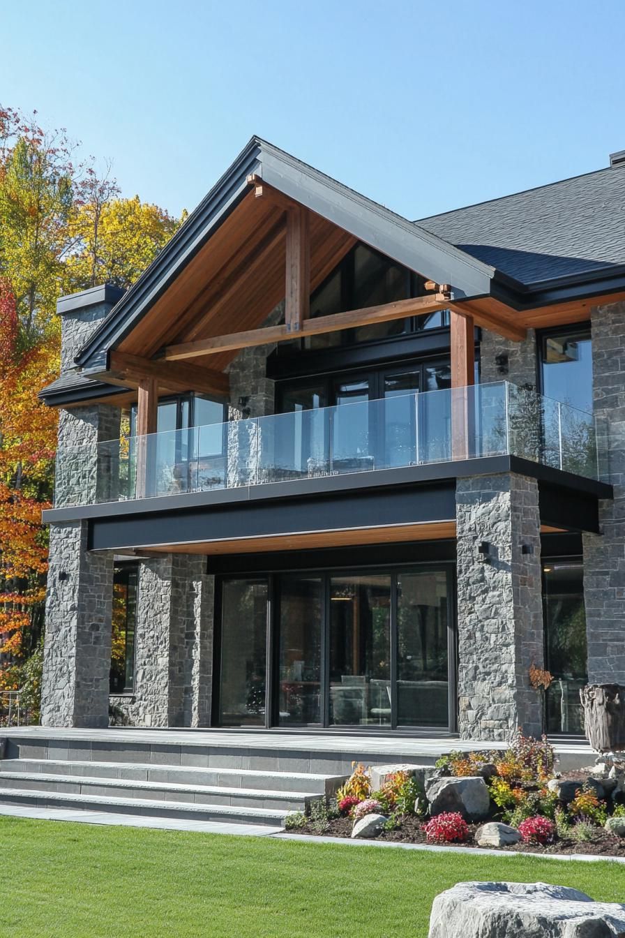 modern timber frame house facade with stone pillars and glass balustrades 3