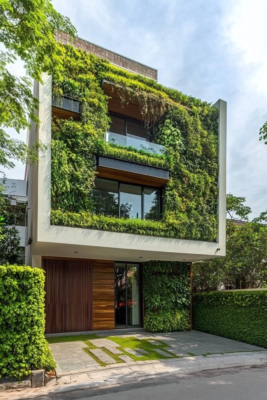 modern house with green color facade with living garden walls 2