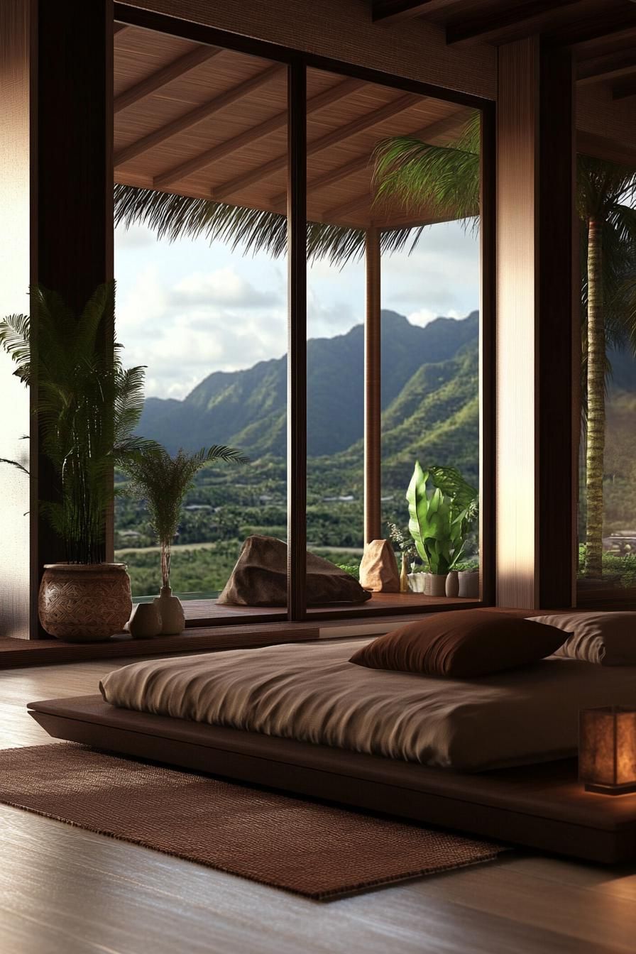 modern zen style bedroom with low profile bed large window overlooking tropical mountains 3