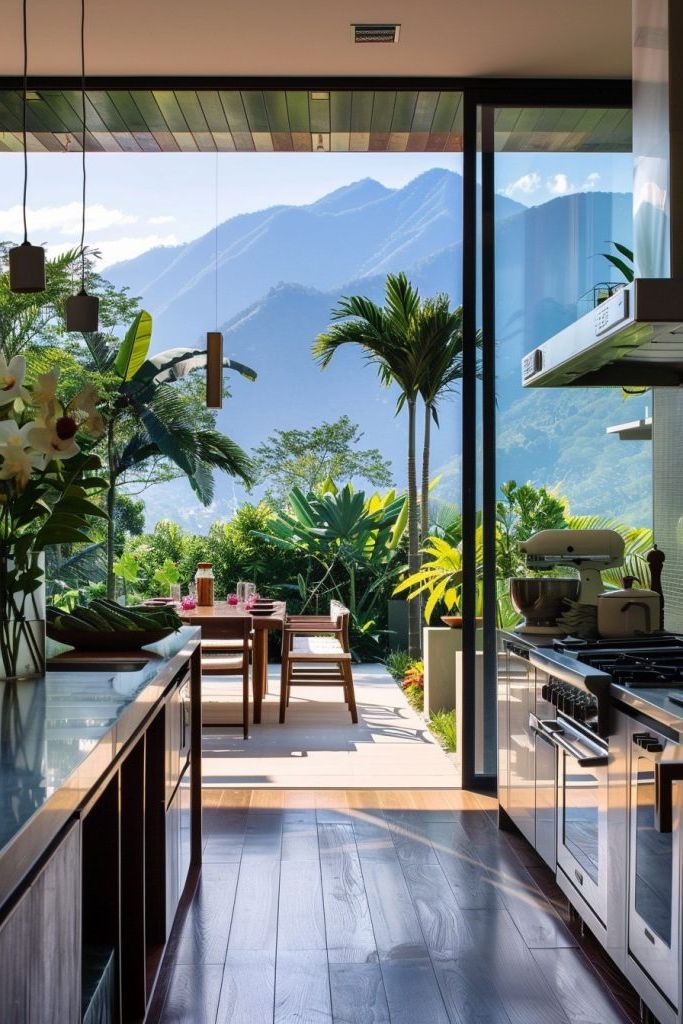 mountain kitchen extending to terrace garden