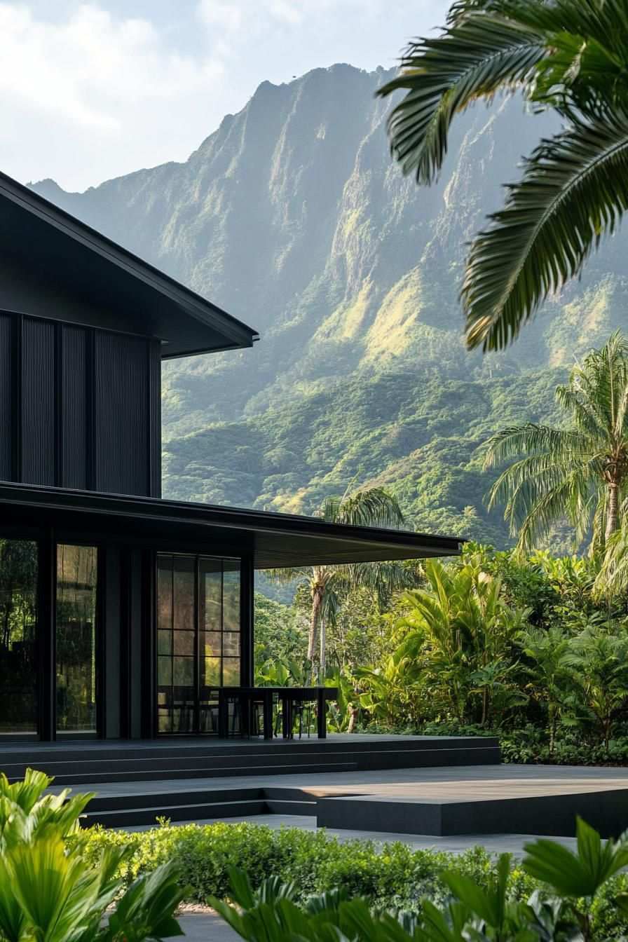 mid century modern black house facade with blackened steel exterior panels tropical mountain in distance