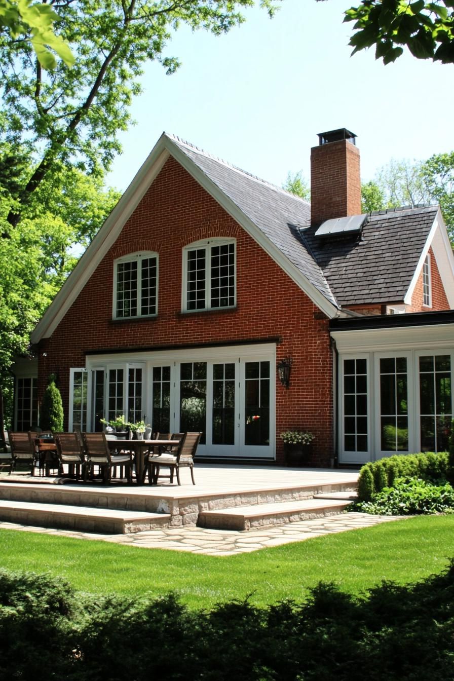 suburban red brick house with multi pitch roof and patio 1