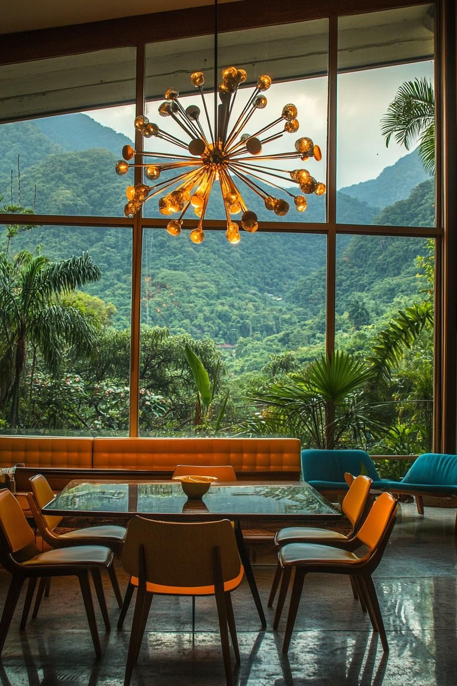 mid century modern house interior with sputnik chandelier large windows overlooking a tropical mountain 2