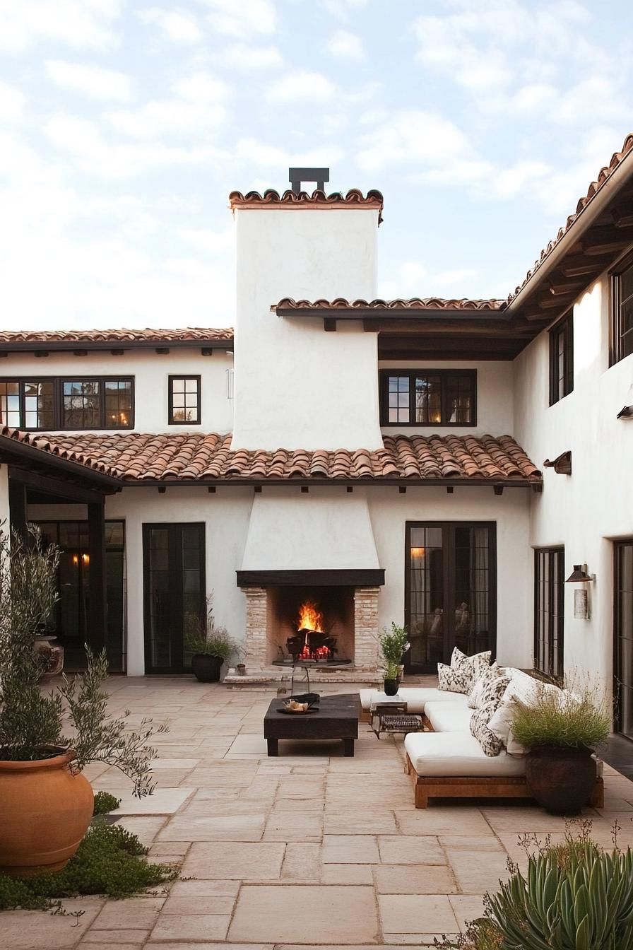 modern spanish villa courtyard with fireplace