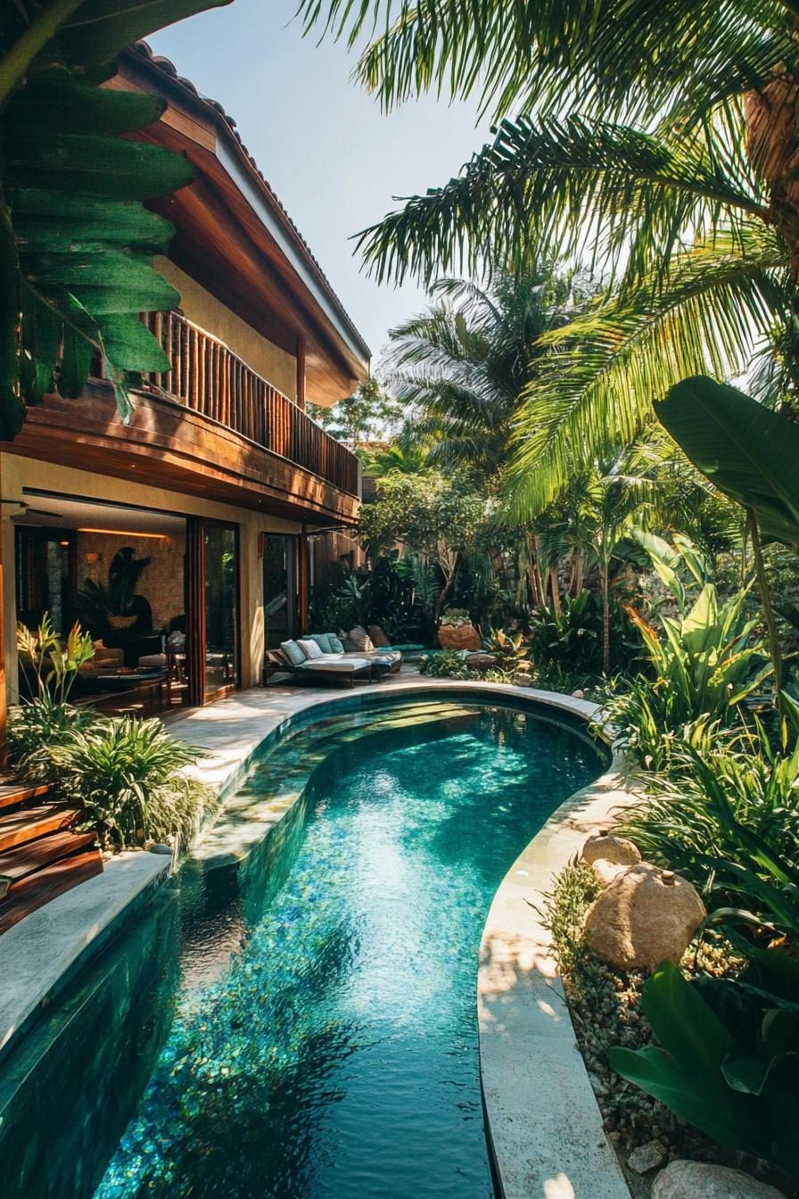 modern house backyard pool landscape with lush tropical plants 2