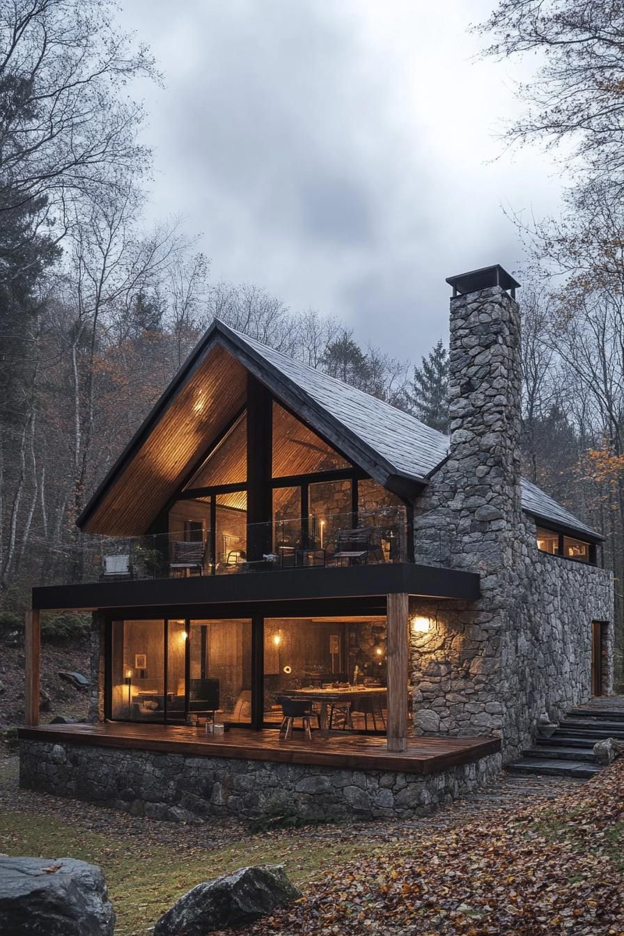 modern rustic stone and wood cottage house in deep mountain forest 2