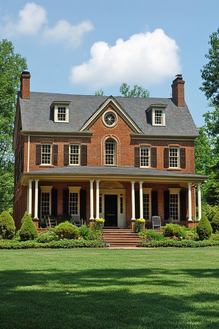 georgian brick house two stories roof gambrels porch columns classic landscape 1