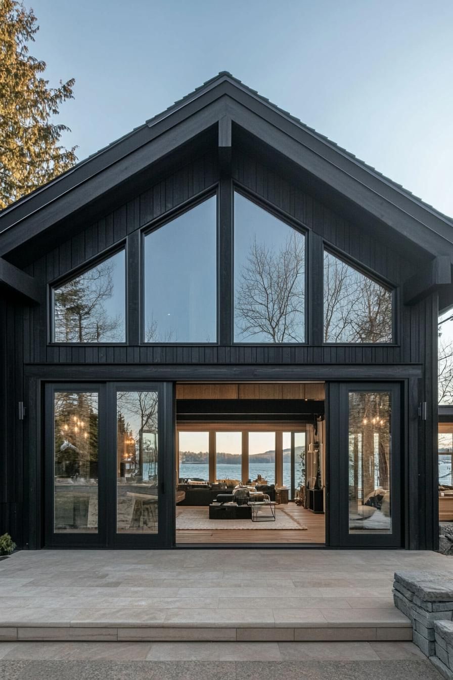 modern barndominium house facade with black timber cladding and large glass doors stunning lakeside views 2