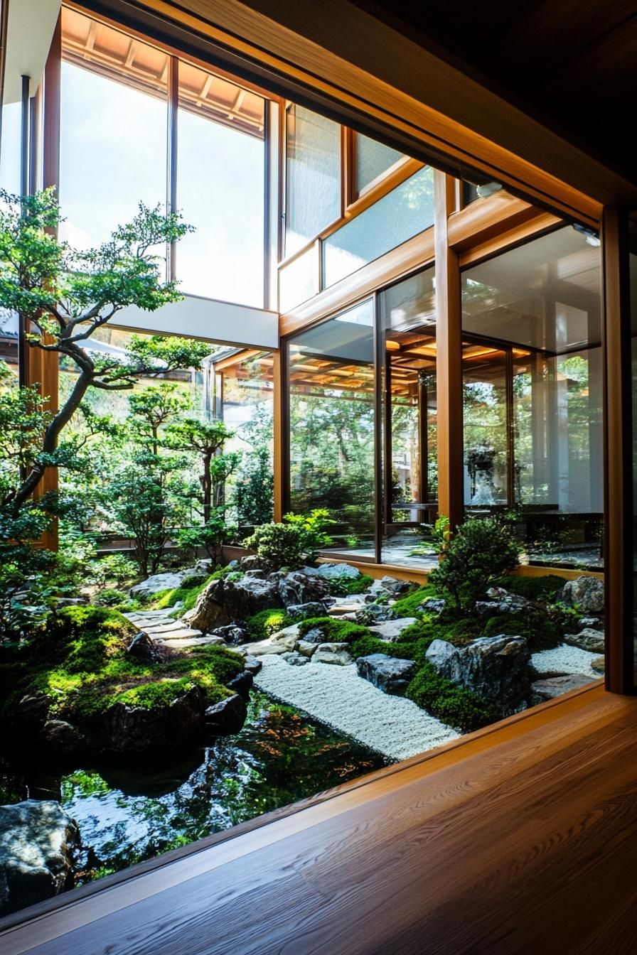 modern unique japanese style zen home zen garden with floor to ceiling windows and lush garden view 3