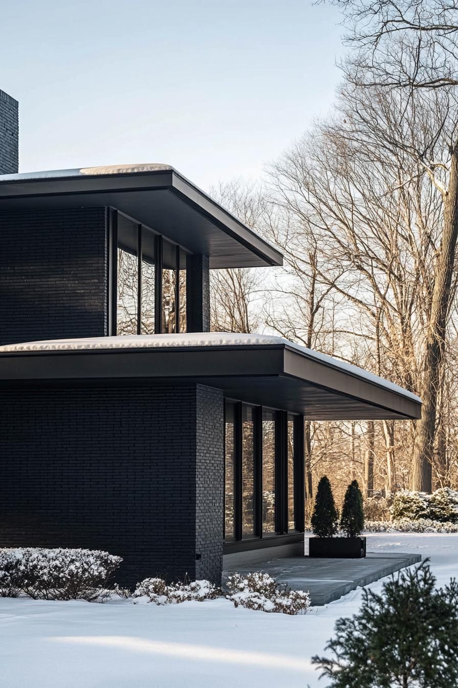 mid century modern black house facade with matte black brick walls in winter 3
