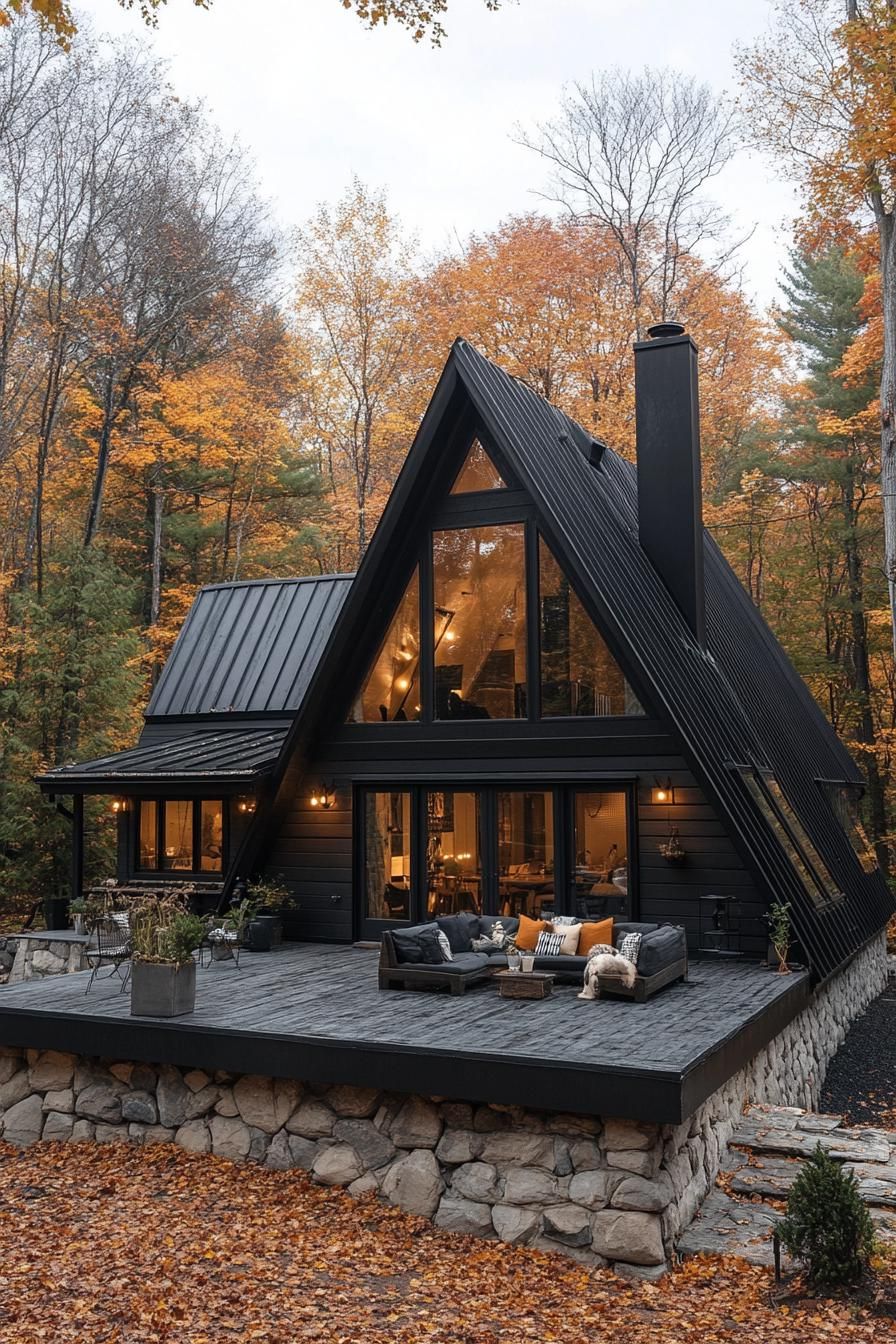 large a frame house with charred wood siding black metal roof with black chimney stone foundation with front deck with outdoor furniture house 2