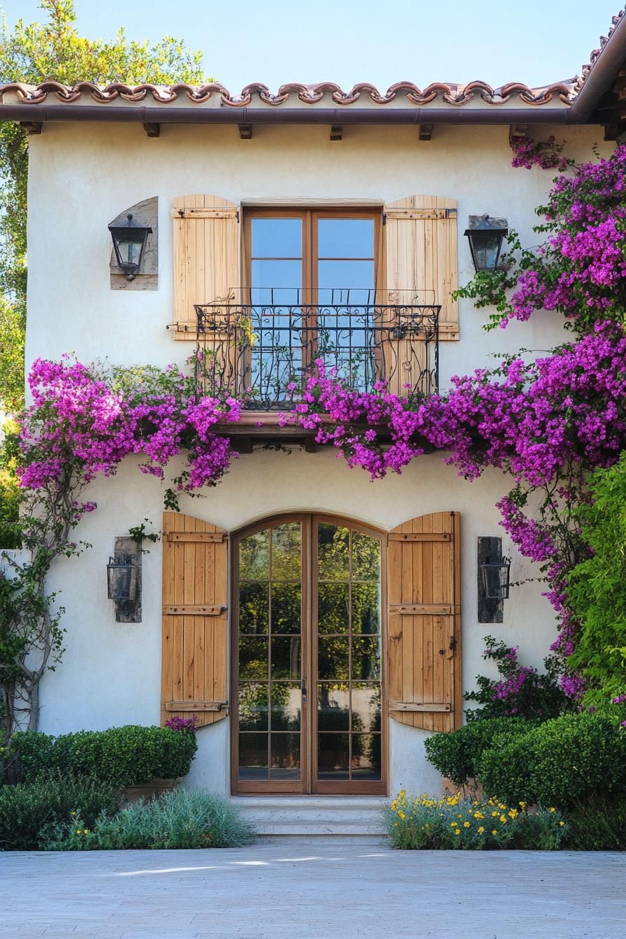 modern Tuscan mediterranean house stucco facade with wooden shutters bougainvillea vine climbers 2
