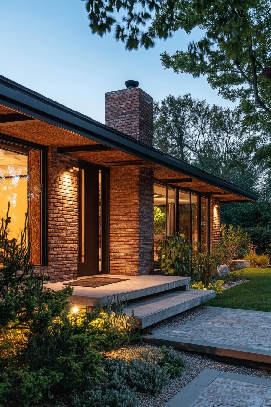 70s midcentury house facade with exposed brick French country landscape 3