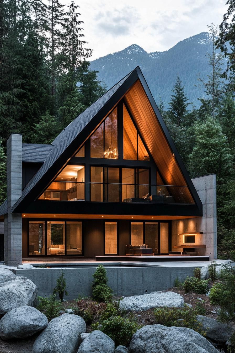 modern A frame house features a slanted roof with a central peak crafted from wood and metal. Large floor to ceiling glass windows dominate the 2